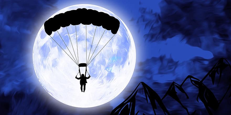 parachute, skydiver, parachutist, maan, nacht, hemel, volle maan, maanlicht, donker, astronomie, universum