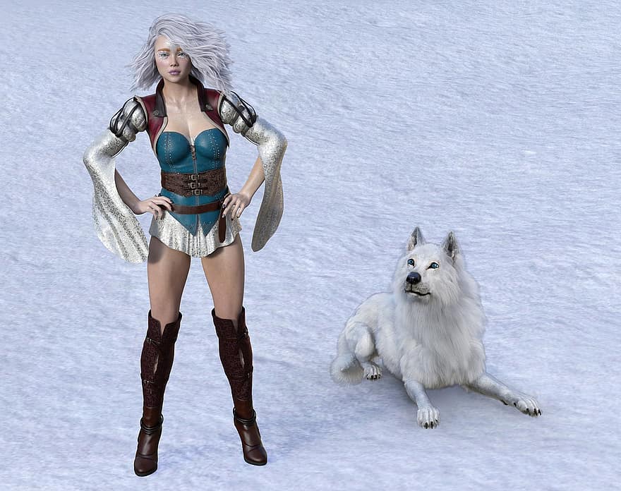 đàn bà, chó sói, chó sói trắng, tuyết, mùa đông, quần áo, tưởng tượng, cosplay, đứng, giống cái, biểu hiện