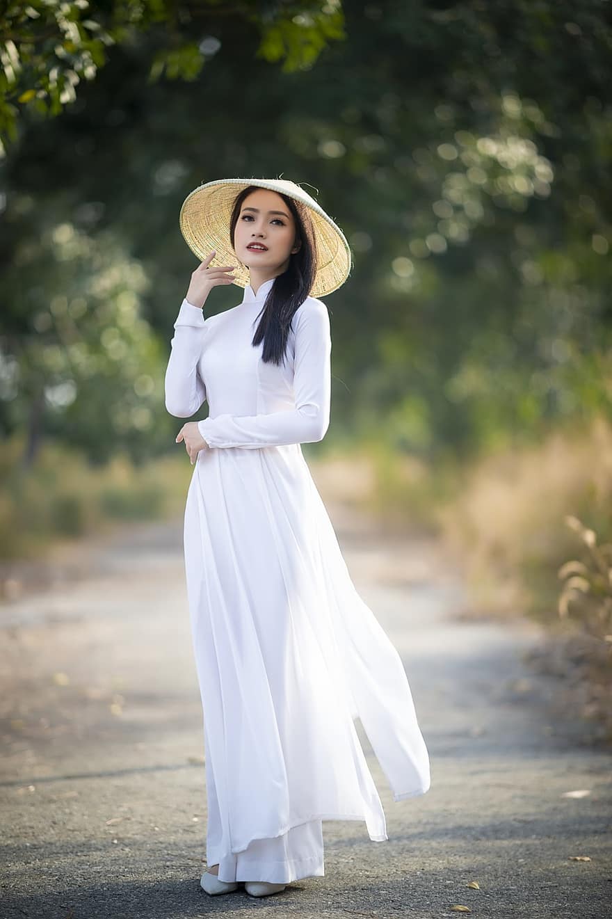 ao dai, Moda, mujer, vietnamita, Vestido Nacional de Vietnam, Blanco Ao Dai, sombrero cónico, tradicional, hermoso, bonita, niña