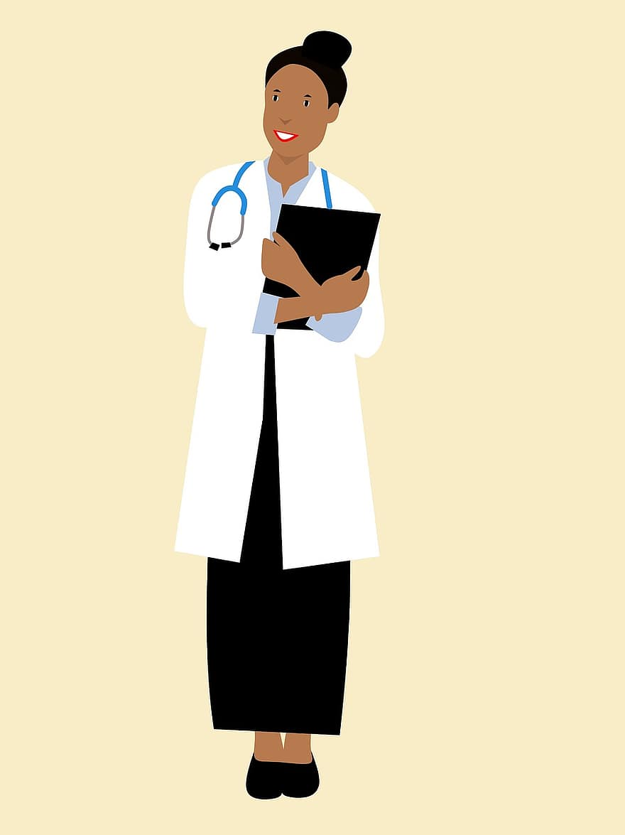 Arzt, Afroamerikaner, zuversichtlich, weiblich, Zeichentrickfigur, Idee, Medizinische Aufzeichnungen, medizinische Versorgung, lächelnd, Stehen, Gelbe Medizin