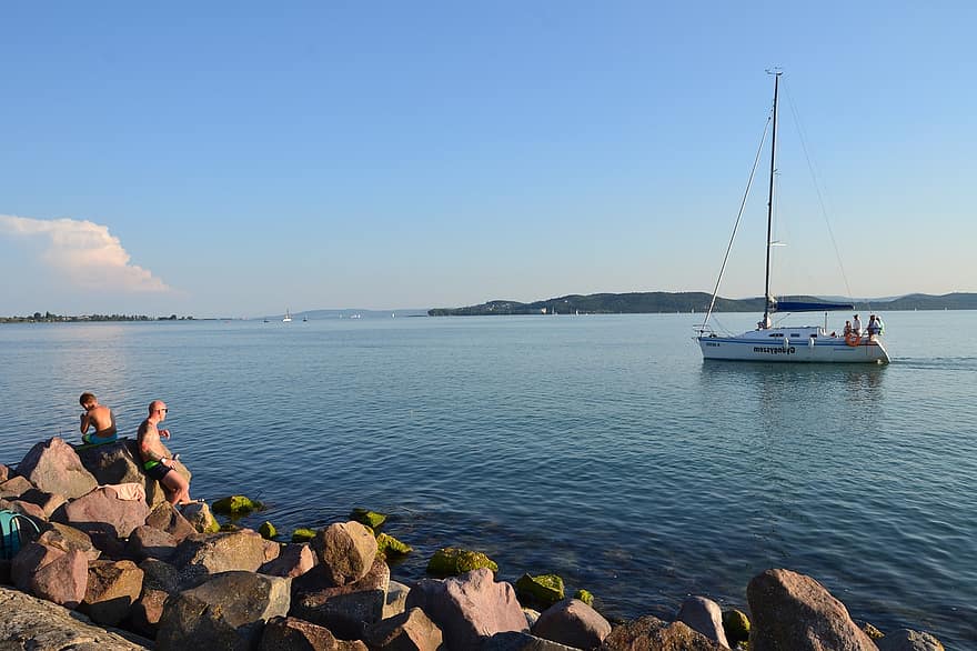 Lake, Boat, Rocks, Breakwater, Sailboat, Sail, People, Vacation, Holiday, Port, Lake Balaton