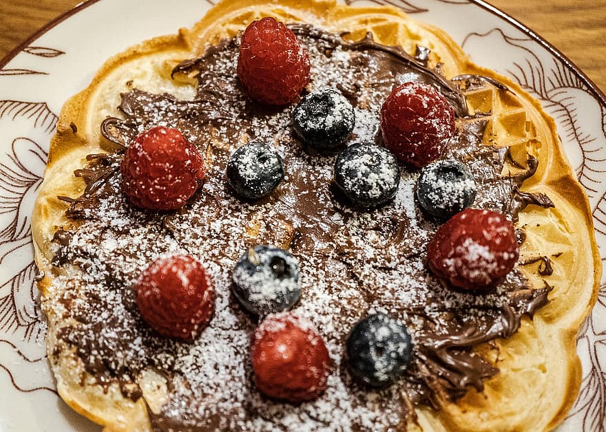 Waffle, Berries, Food, Homemade, Meal, Fruits, Breakfast, Chocolate, Powdered Sugar, Dish, Delicious