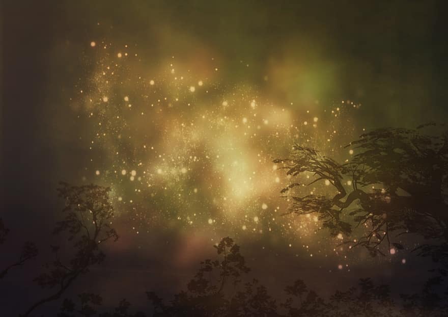 पृष्ठभूमि, पेड़ के ऊपर, रोशनी, कोहरा, bokeh, प्रकाशित, रंगों का खेल, रात का आसमान, जादू, चमकदार, छाया