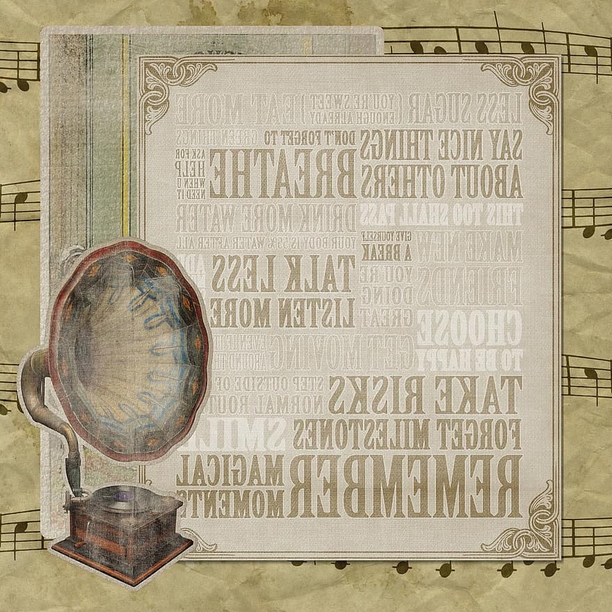 Vintage, Background, Texture, Music, Message, Sentiment, Note, Sheet Music, Sepia, Gramaphone, Record
