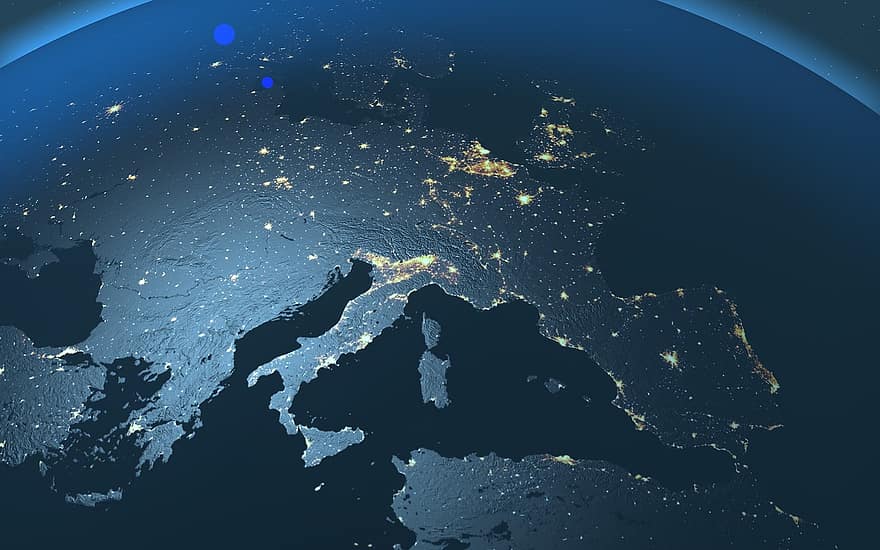 Ночная карта Европы, карта европы, Европа, карта, вселенная, пространство, земной шар, небо, город