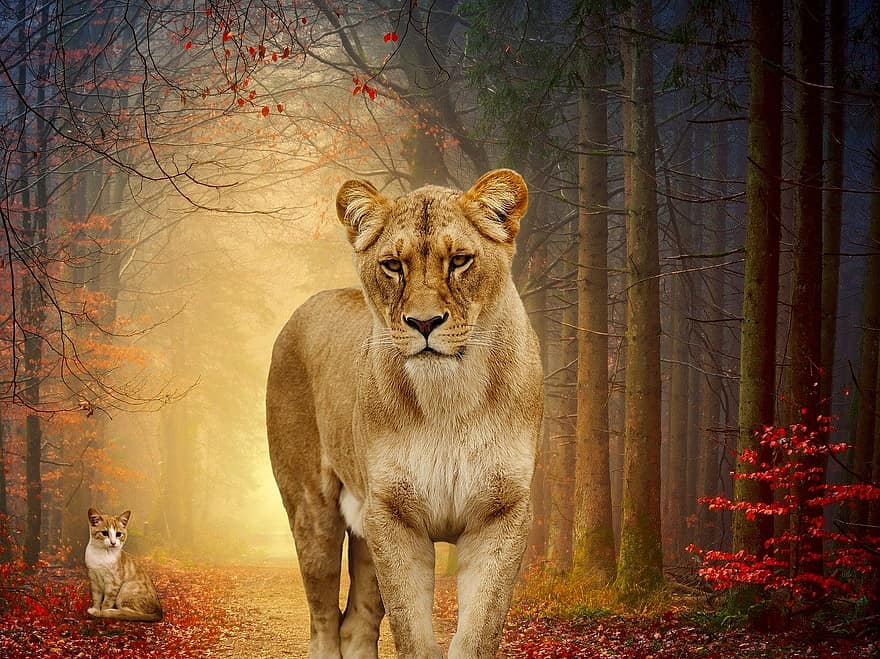 lleona, lleó, gat salvatge, bosc, gat, felí, posta de sol, naturalesa, arbres
