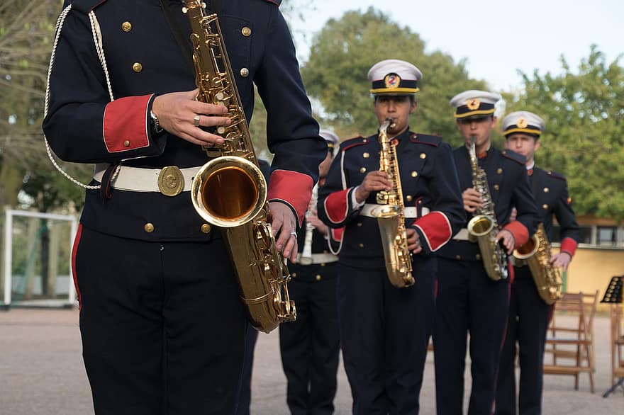 mannen, band, leger, muziek-, saxofoon, saxofonist