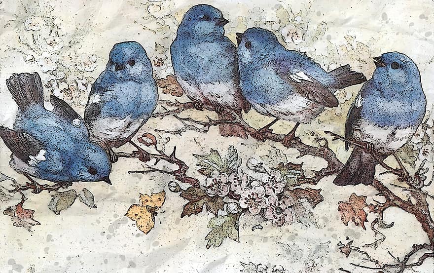 Blå fugler og blomster, vill, fugl, dyreliv, abbor, blomst, blå, 1939, cirka, digitalt, bilde