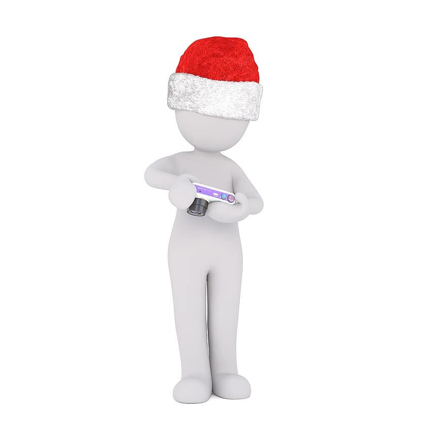 hombre blanco, modelo 3d, figura, blanco, Navidad, sombrero de Santa, cámara, foto, fotógrafo, conjunto, ajuste
