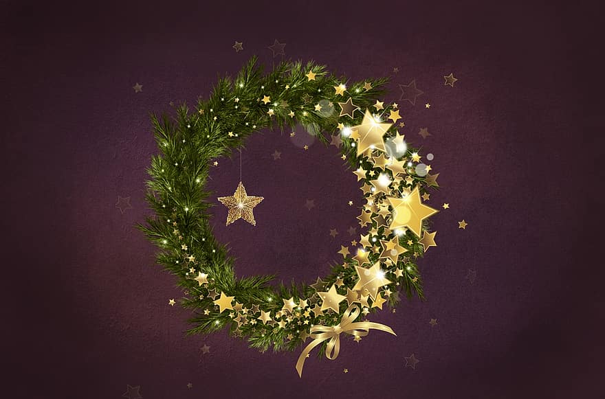 Wreath, Stars, Ribbon, Bow, Decorative, Decoration, Christmas, Green, Creative, Cosy, Atmosphere
