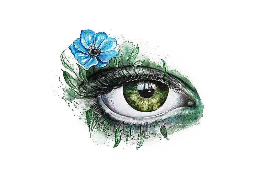 verde, acquerello, surreale, natura, occhio, vista, visione, primavera, botanico, floreale, surrealismo