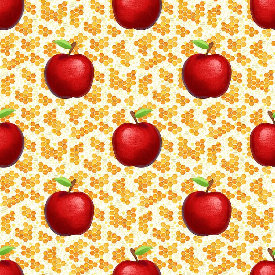 pomes, bresca, patró, pomes vermelles, sense costures, fruites, mel, dolç, postres, hexàgon, natural