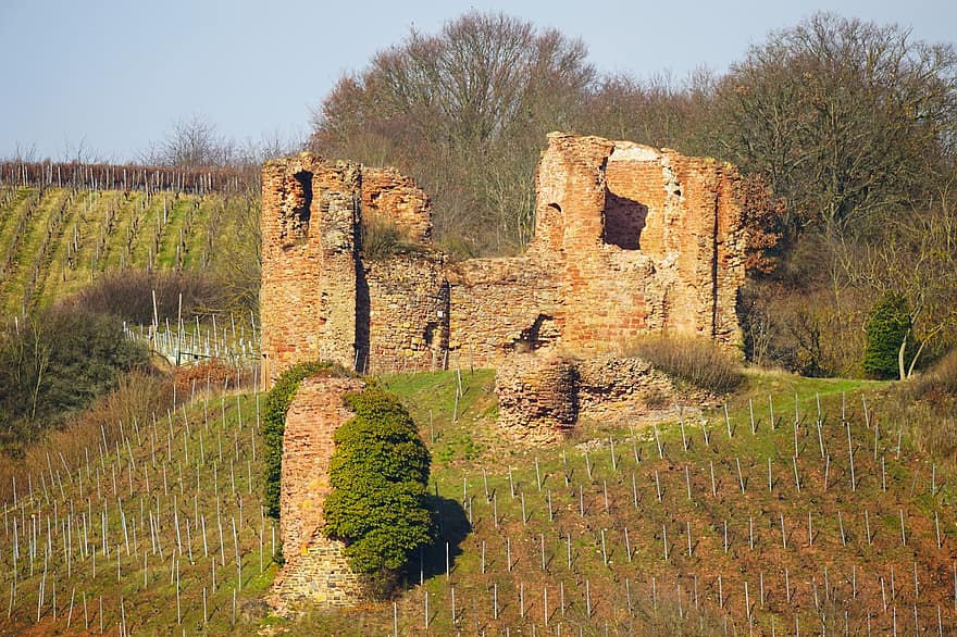 руините на замъка, хълм, Гутенберг, разруха, средна възраст, стар, пейзаж, Рейнланд-Пфалц, Рейн, лозе, архитектура