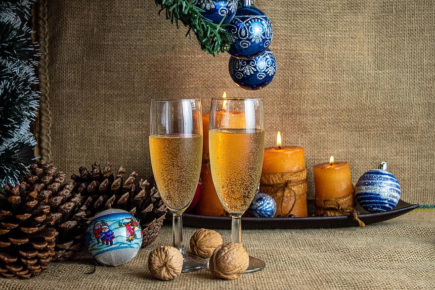 drycker, champagne, alkohol, firande, jul, glasögon