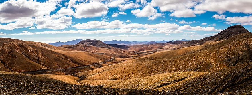 Fuerteventura, montañas, naturaleza, paisaje, azul, nubes, arena, colina, montaña, escena rural, verano