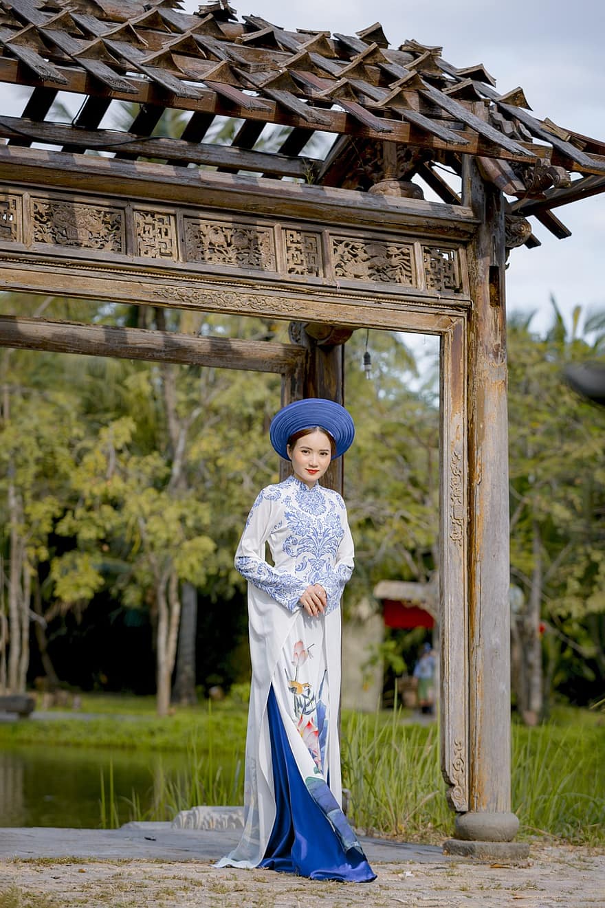 ao dai, móda, žena, Vietnamské národní šaty, čepice, šaty, tradiční, dívka, pěkný, póza, Modelka