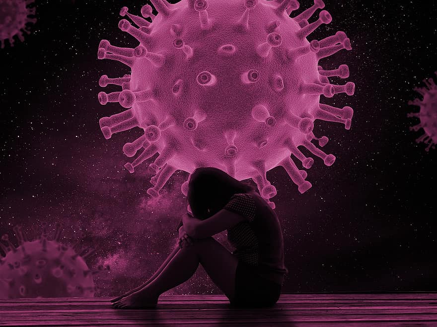 corona, rosado, virus, muchacha triste, COVID-19, cuarentena, pandemia, temor, triste, luto, pánico