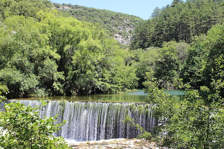 водопад, горы, лес, природа, каскад, Montpellier, пейзаж, озеро, летом, зеленого цвета, дерево