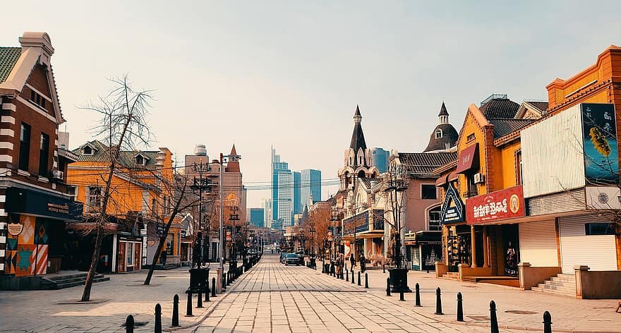 Dalian, Venäjän katu, rakennukset, katu, arkkitehtuuri, kauppoja, tie, tiili-tie, laitokset, katuvalokuvaus, kaupunki