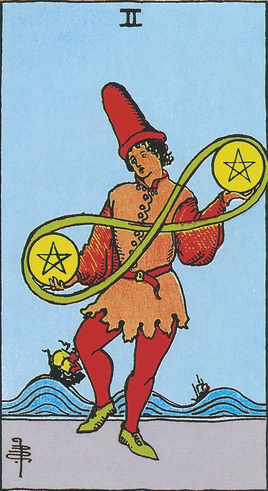 Two Of Pentacles, Tarot, Card, Pentacles, Coins, Minor Arcana, Rider-waite, Divination, Spirituality