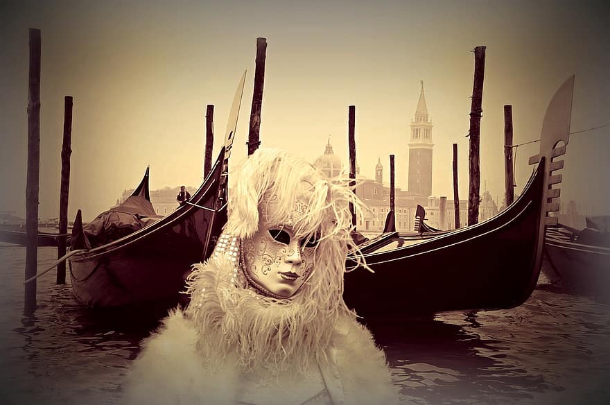 Venecia, carnaval de Venecia, máscara, disfraz, panel, carnaval, máscara veneciana, Italia, mascarada, mujer, góndolas