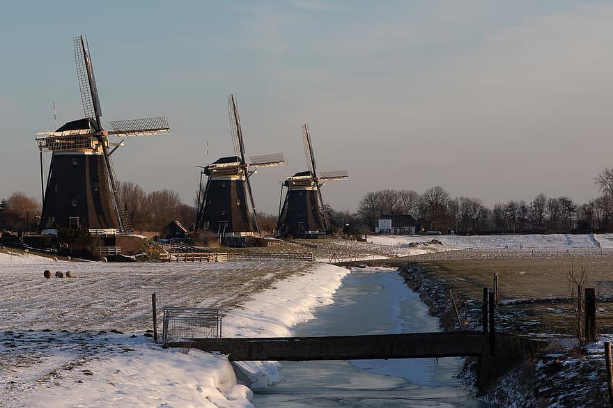 ทุ่งหญ้า, กังหันลม, หิมะ, ประเทศเนเธอร์แลนด์, เนเธอร์แลนด์, คริสต์มาส, ฤดูหนาว