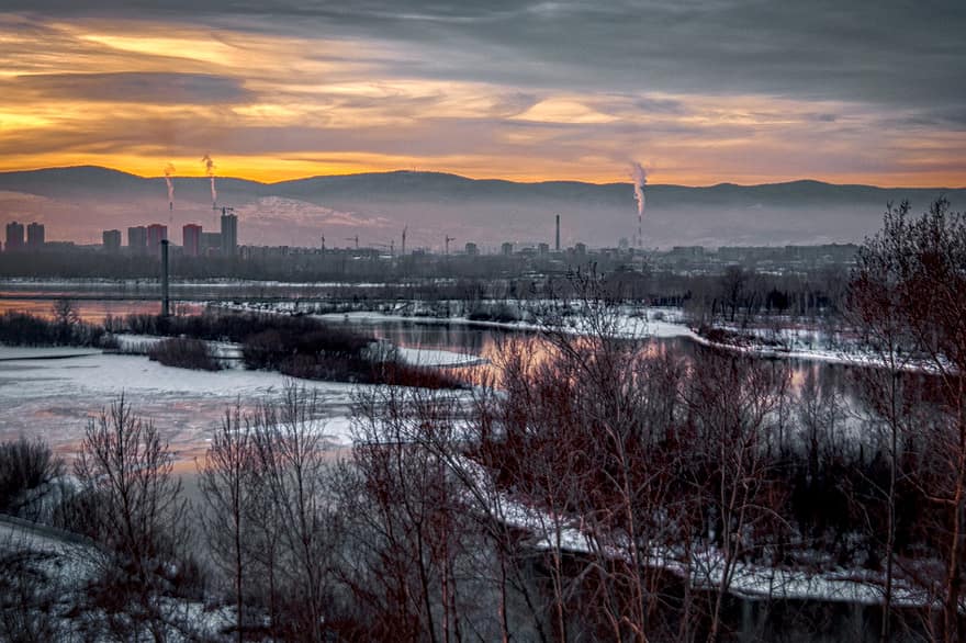 kväll, stad, moln, flod, vinter-, frost, reflexion, krasnoyarsk, Yenisei