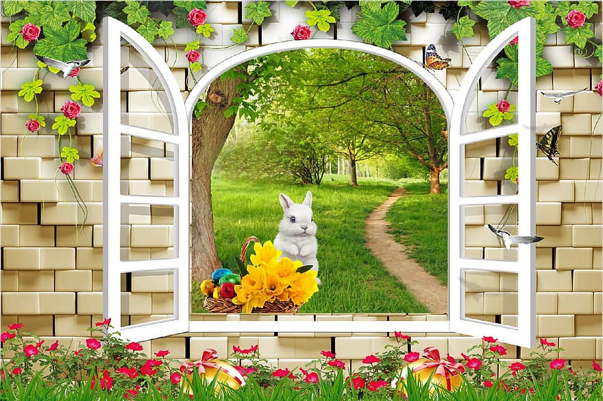 Великдень, весна, вікно, природи, лісова стежка, дерева, писанки, кролик, квітка, милий, домашні тварини