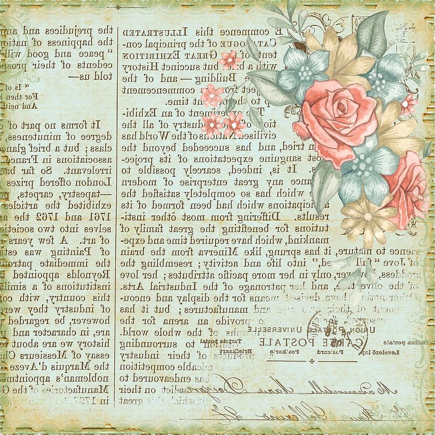 vintage, floral, fundo, papel, caligrafia, escrita, jornal, cartão postal, quadrado, página de recados, vintage de fundo