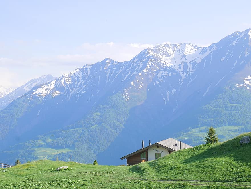 góry, dom, Szwajcaria, wioska, mgła, valais, aletsch, szczyt, krajobraz, Natura, pasmo górskie