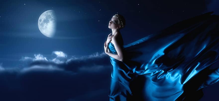 Fantazja, kobieta, noc, piękny, księżyc, niebo, kobiety, dorosły, niebieski, ciemny, jedna osoba