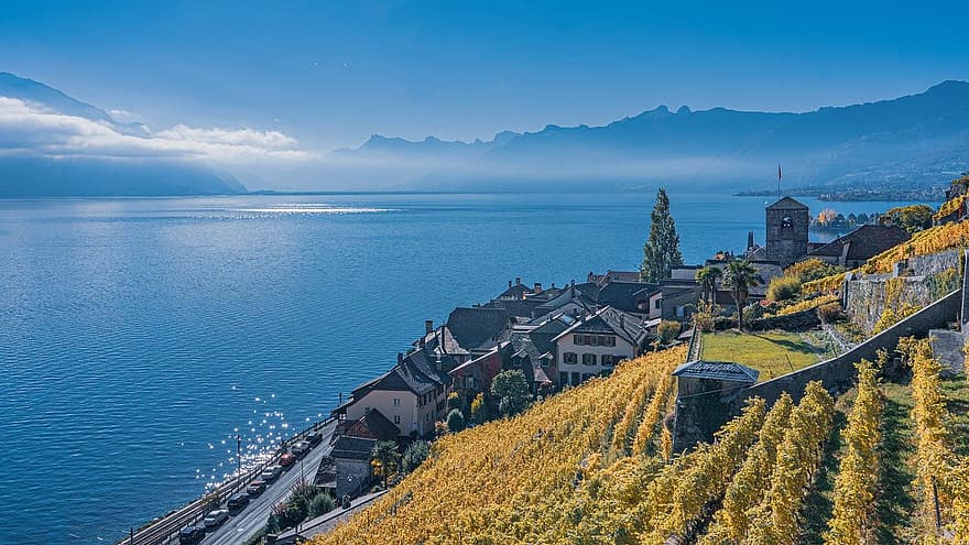 tenger, város, vidéki táj, vidéki, óceán, szabadban, természet, Lavaux, Genfi-tó, svájc, Vaud