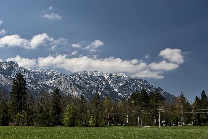 hegyek, mező, tájkép, természet, fák, tavaszi, hó, csúcs, Untersbergre, ég, felhők