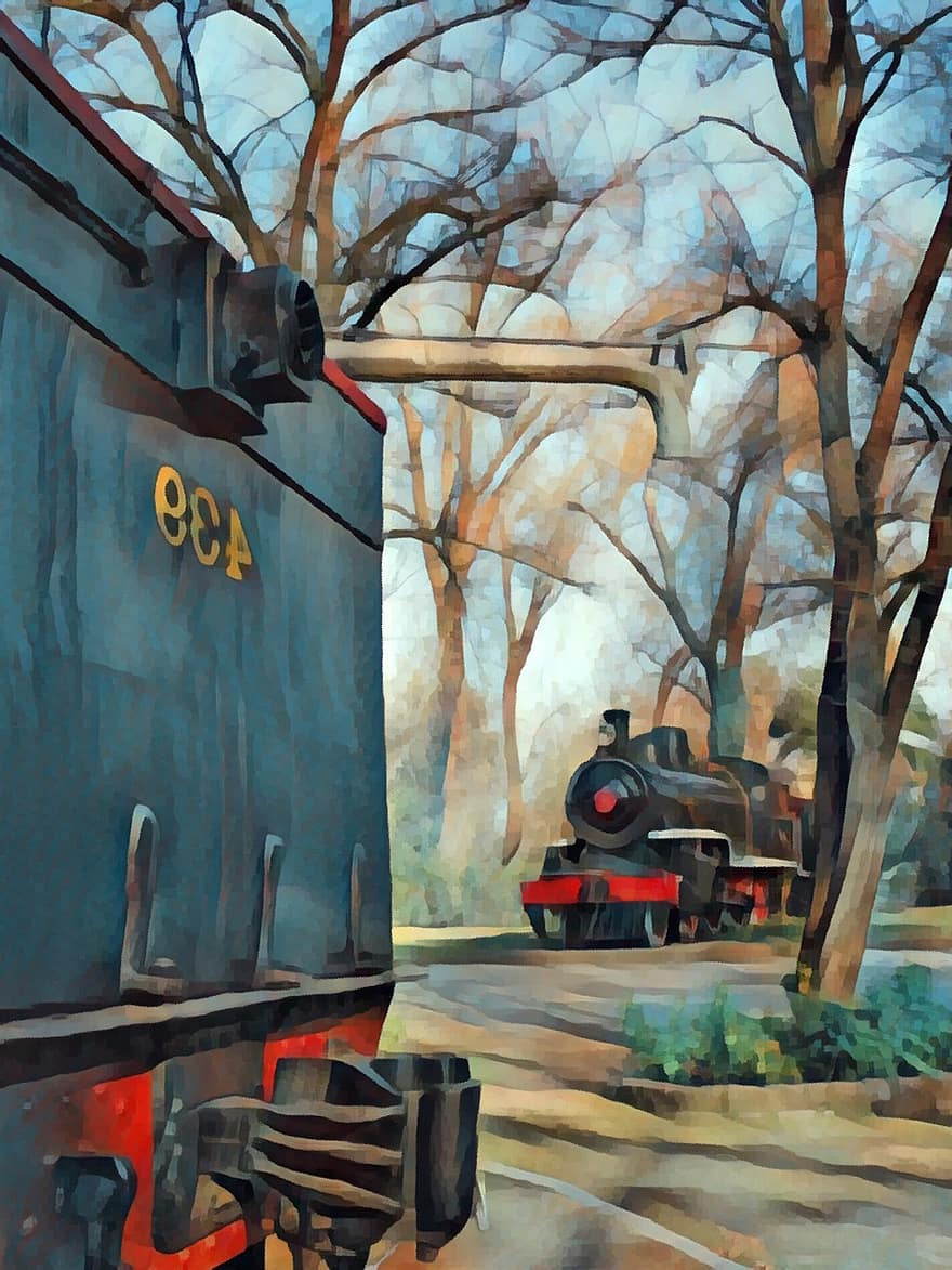 treno, Ferrovia, locomotiva, pittura, arte, opera d'arte, trasporto, camino, macchinario, rotaie, Vintage ▾