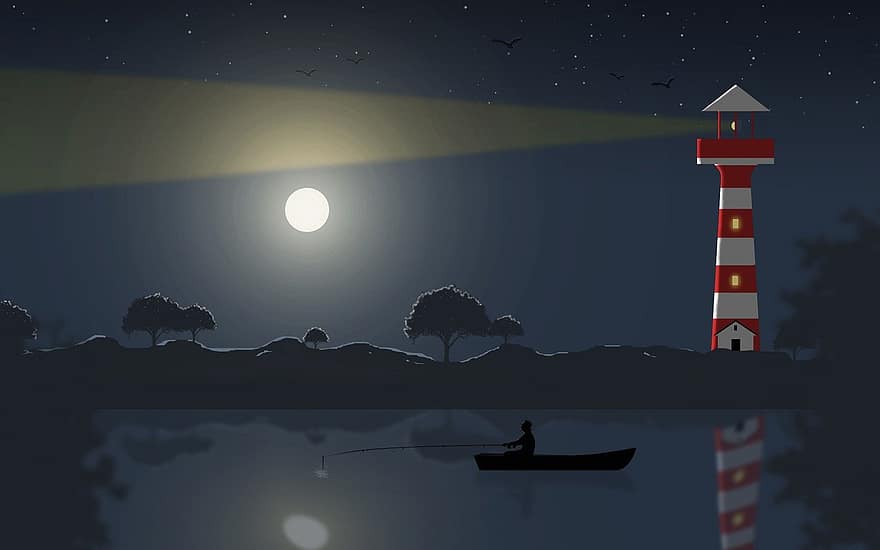 fisker, hav, fyr, innsjø, natt, himmel, 2d, måne, digitalt, fiske, silhouette