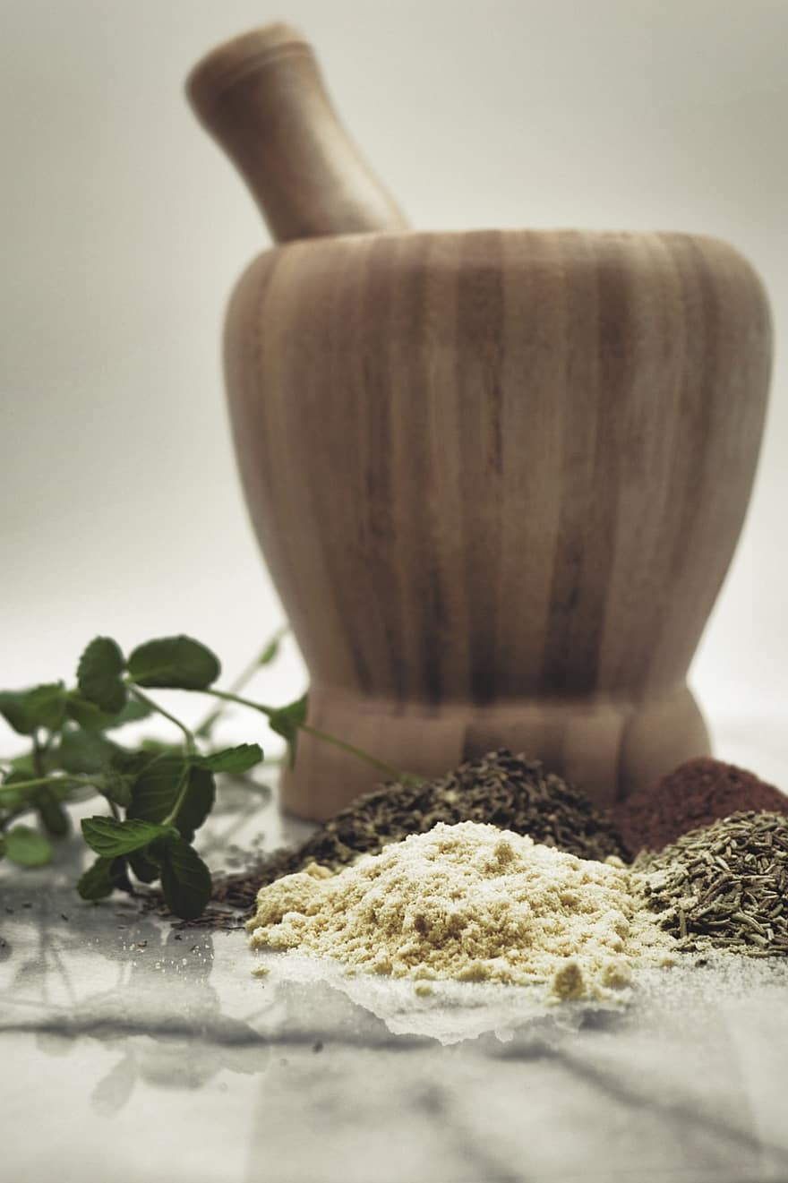Pestle, Herbs, Spices, Food, Mint, Ingredients, Thyme, Rosemary, close-up, spice, wood