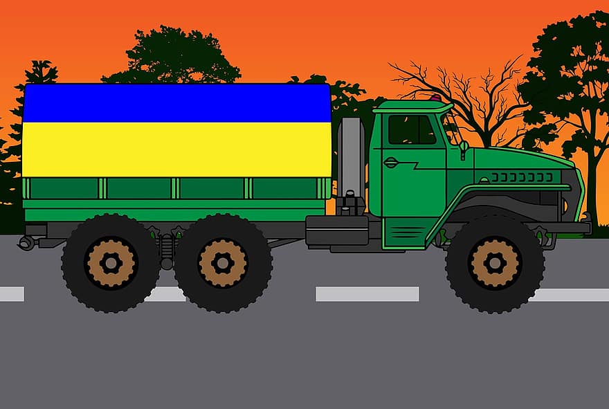 automobilis, transporto priemonė, vėliava, Ukrainos vėliava, kariai, karinis, sausumos transporto priemonė, sunkvežimis, transportavimas, industrija, vektoriaus