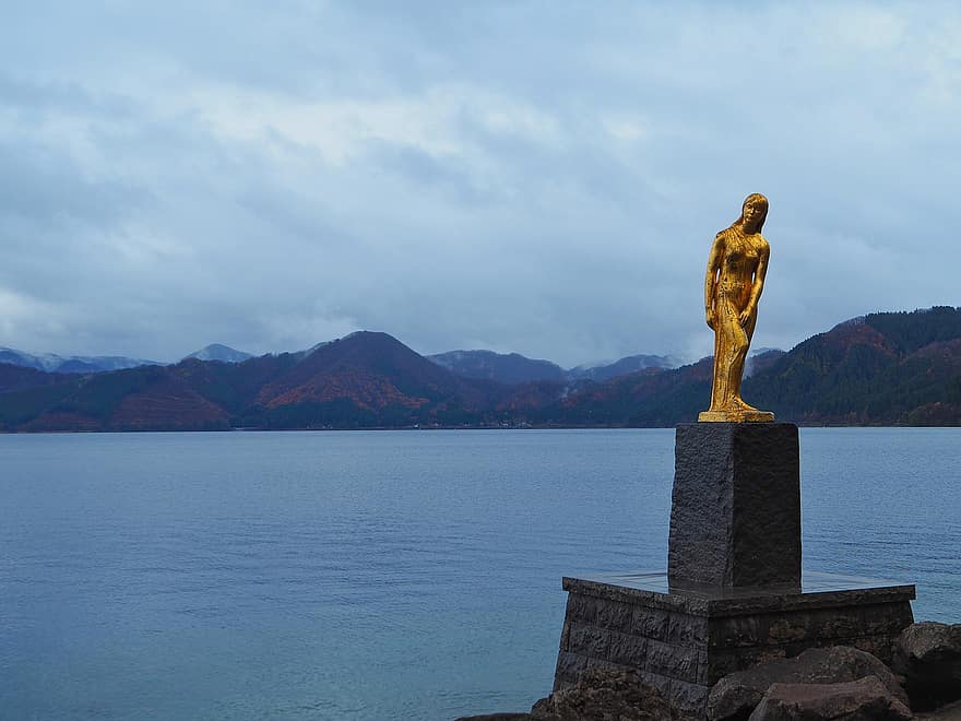 patung, danau, perjalanan, danau tazawa, prefektur akita, alam