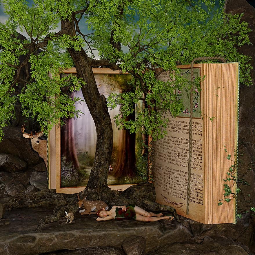 carte, peisaj, povesti cu zane, copac, elf, hirsch, căprioară, iepure de câmp, stâncă, rădăcină, drăguț