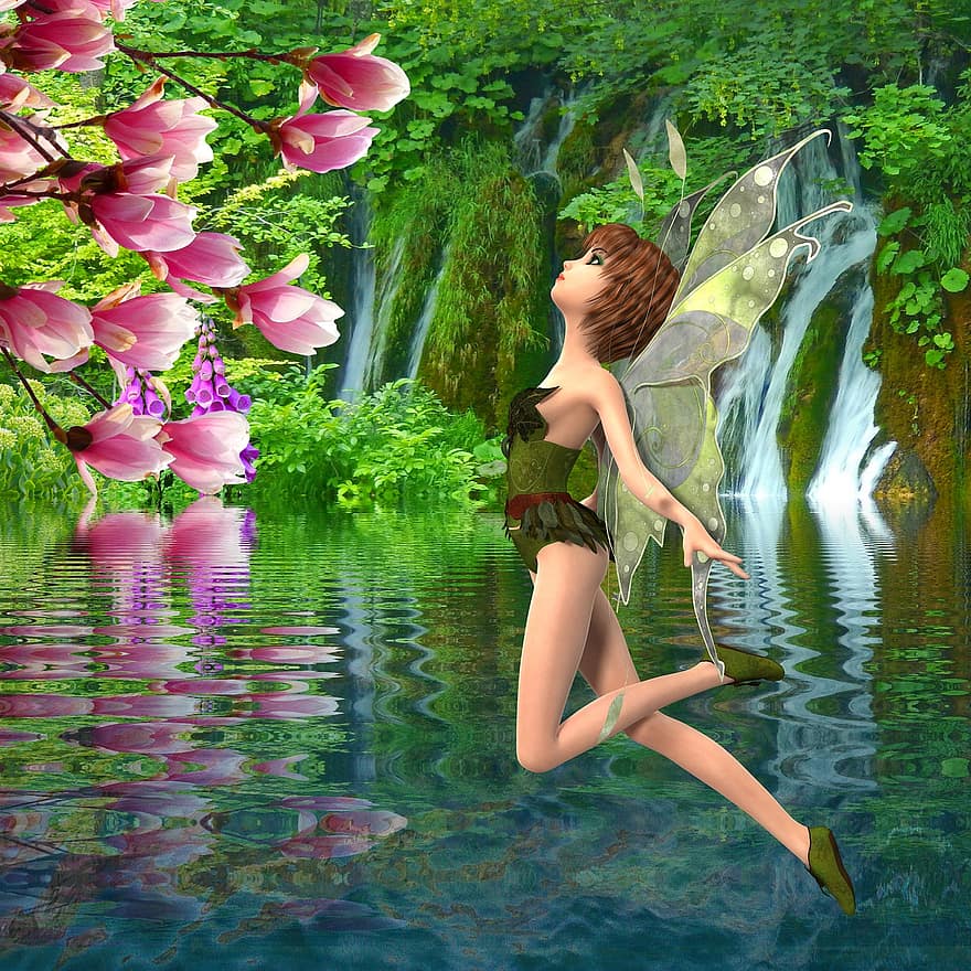 đàn bà, gia tinh, nàng tiên, truyện cổ tích, thần bí, bí ẩn, tưởng tượng, thác nước, những bông hoa, suối
