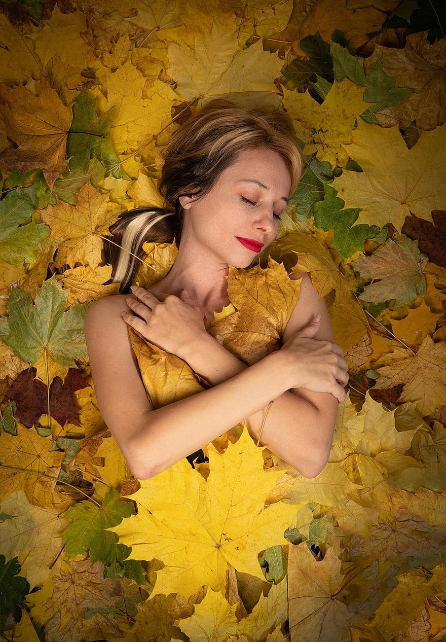 woman, beauty, autumn, leaf, yellow, women, caucasian ethnicity, one person, nature, season, young adult