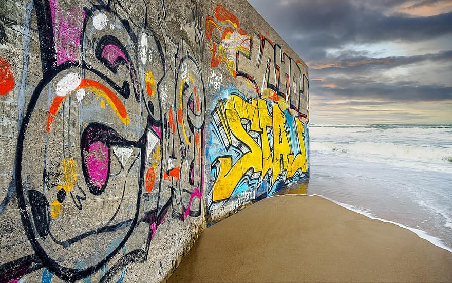 Wand, Graffiti, Straßenkunst, Wellen, Kunst, Bunker, Dänemark, Nordsee, Warnung, Erinnerung