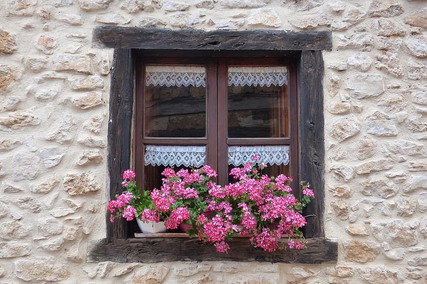ablak, virágok, középkori, ház