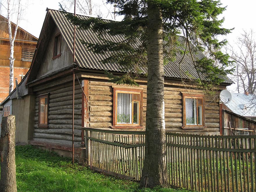 chalé, cabine, casa, cabana, cerca, demarcação, arquitetura, de madeira, casa de madeira, aldeia, aldeia russa