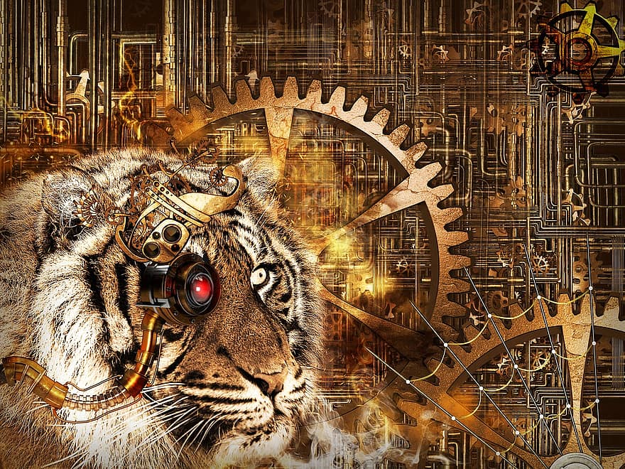 тигр, голова, стимпанк, 3d, животное, фон, шестерня, глаз, дизайн, оказывать, коричневый фон