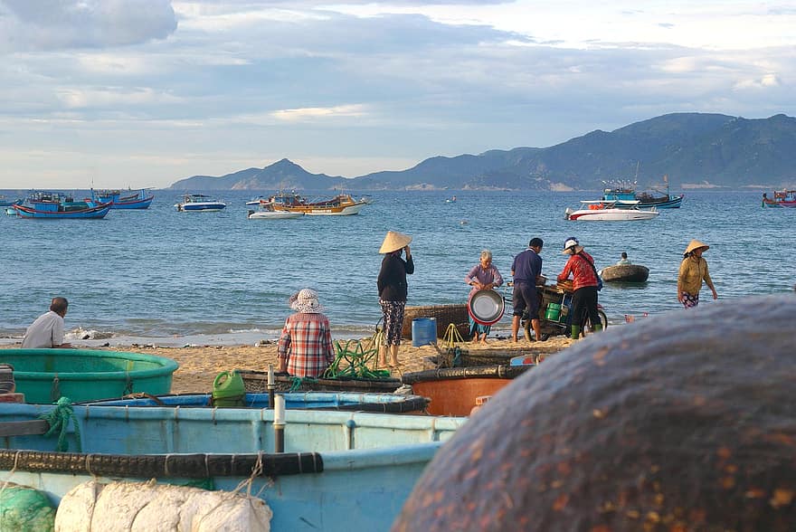 halászok, munkaerő, munka, Vietnam, óceán, hajó, halászat, halász, víz, férfiak, utazás
