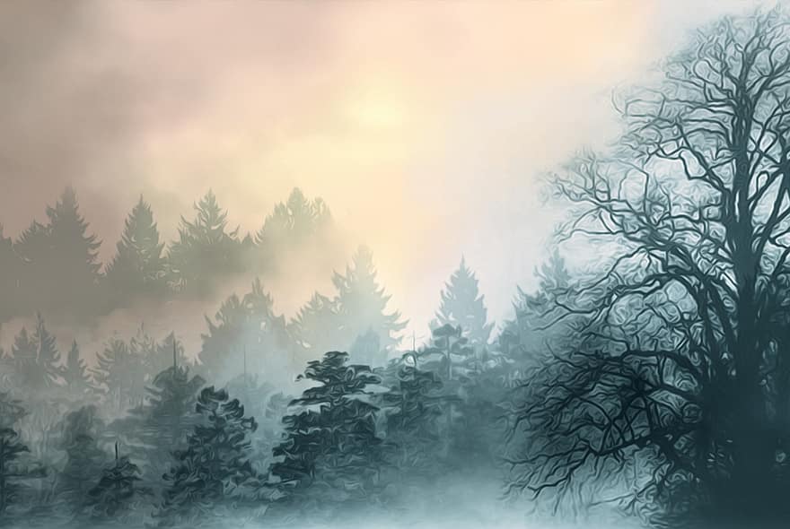 træer, landskab, skrænt, fyrretræer, røget, tåget, bjergside, natur, skyer, naturskøn, fantasi