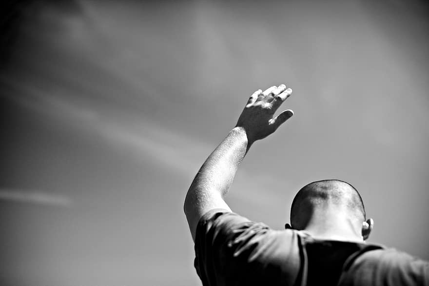 homem, Levantando a Mão, monocromático, motivação, competência, bem sucedido, gesto