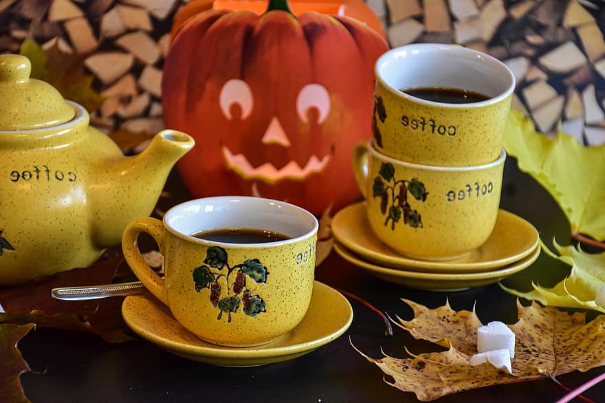 кафе, чаши за кафе, есен, тиква, Хелоуин, време за кафе