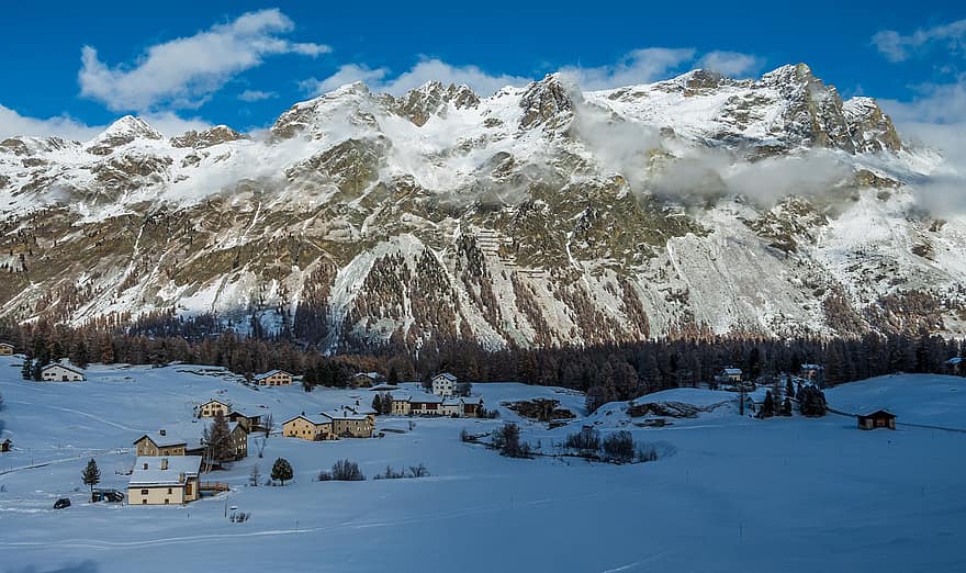 зима, горы, деревня, снег, дома, Engadin, Швейцария, высокогорный, пейзаж, на открытом воздухе, Альпы
